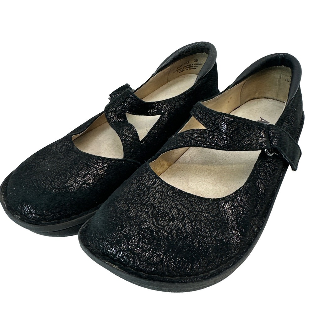 Algeria Dayna Mary Jane Women 9 Black Leather Metallic Roses Comfort Shoe DAY553